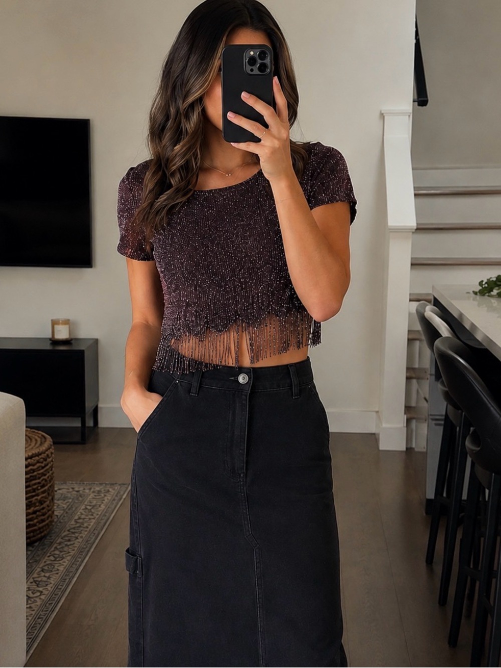 Sparkle Fringe Short Sleeve Top - Purple
